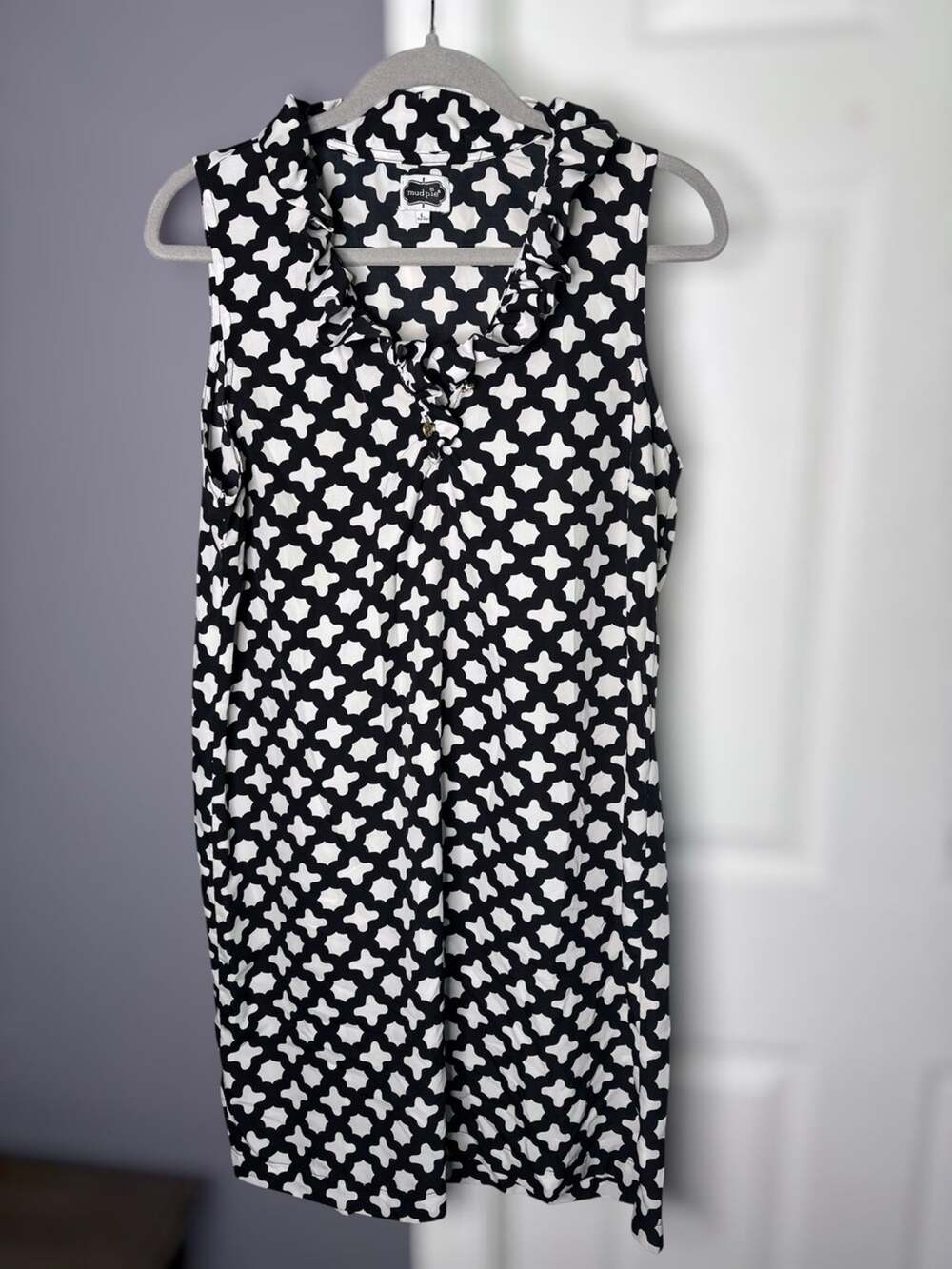 Mud Pie Black White Print Sleeveless Ruffle Neck Dress Large
